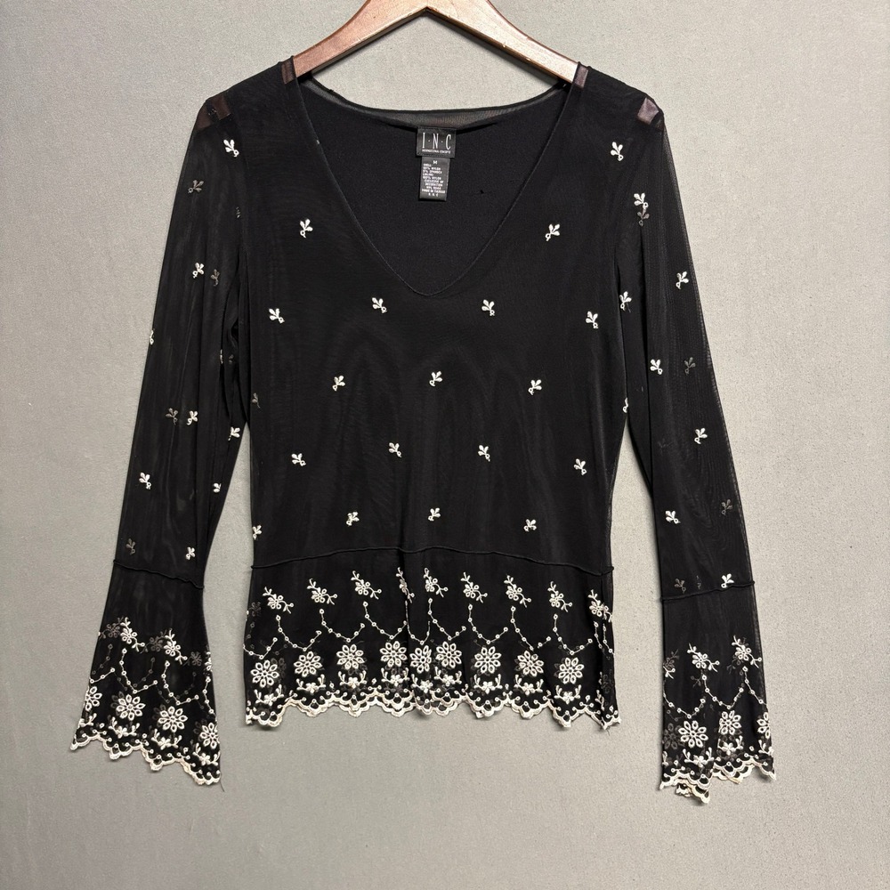 INC Black Embroidered Top Medium Long‎ Sleeve Blouse Floral Hem whimsygoth 90s